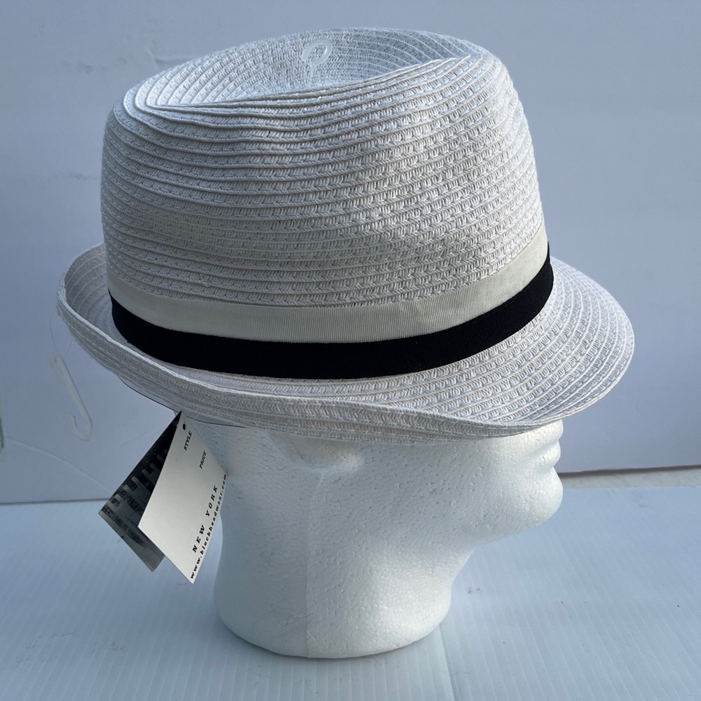 NY BLOCK Men’s white straw fedora hat black/white striped grosgrain band NWT